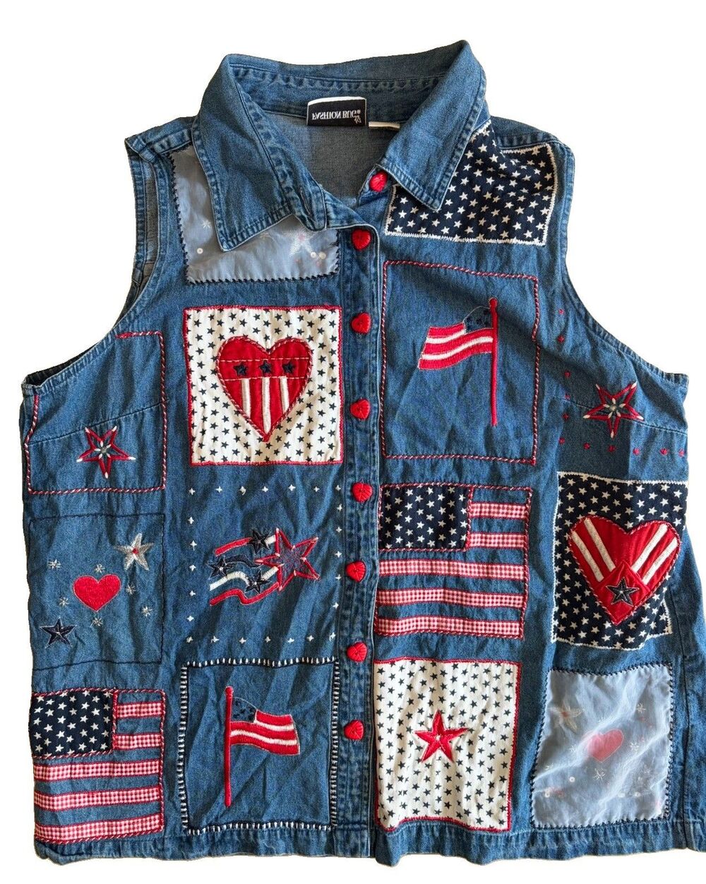 Vtg 90s Fashion Bug Americana Patriotic Embroidered Patchwork Denim Vest 18/20